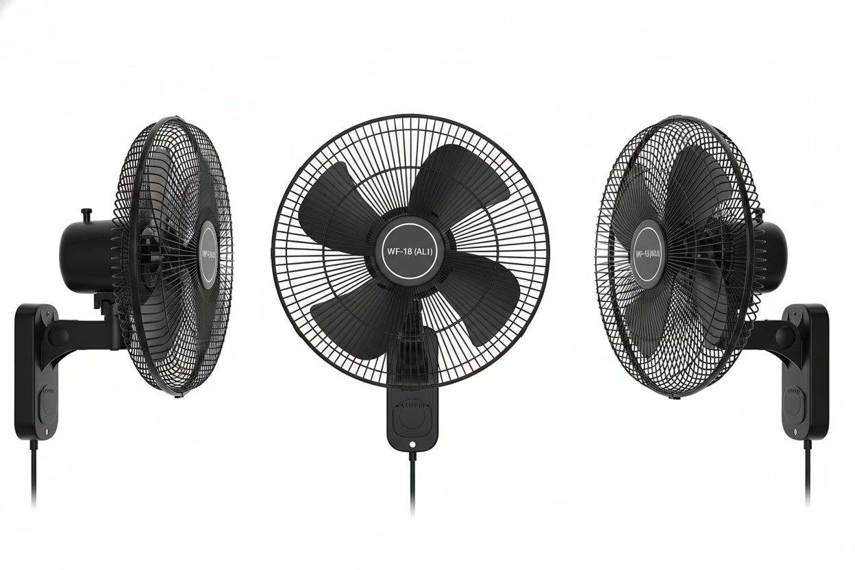 Abanico anta de pared 18'' WF-18 (AL1)
color negro, en diferentes angulos